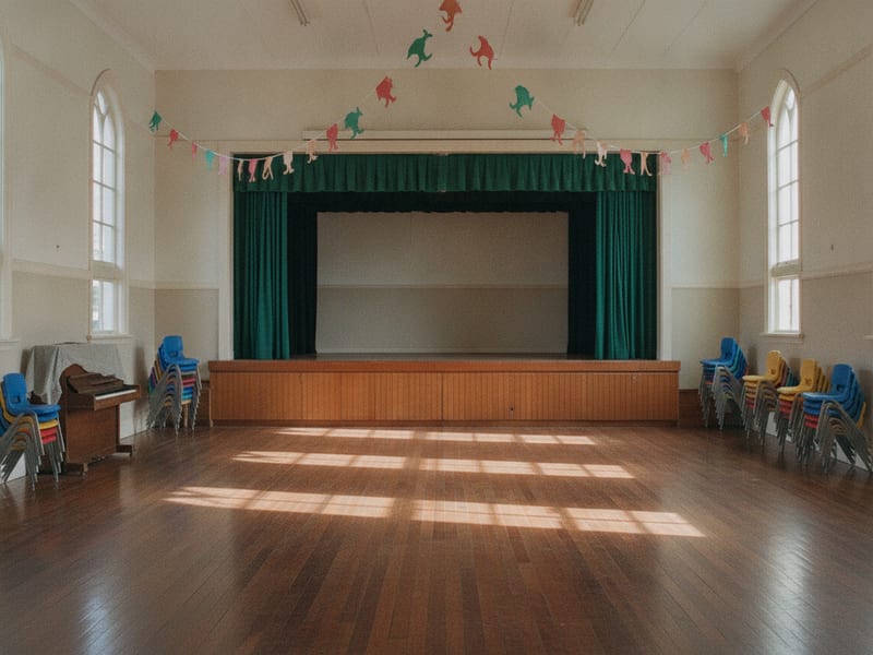 The school hall set up for the concert, stage curtains open and chairs stacked
